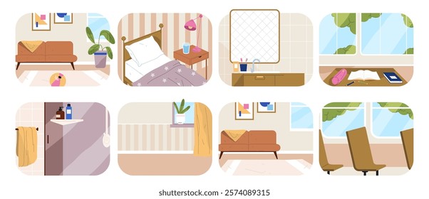 Rooms of house or apartment decorated with simple design. Vector in flat style, interior decor of living room, bedroom and kitchen, bathroom view. Comfortable and simple space to live and work