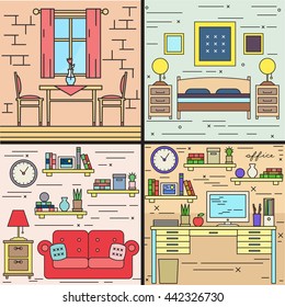 Rooms house interior set dinning room, cabinet, bedroom sleepin room, living room, home office. Flat line art illustration