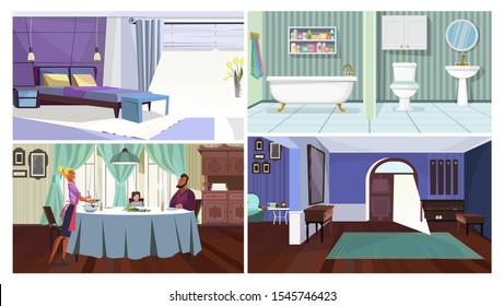 Rooms interior vector illustration set. Stylish modern bedroom, dark hallway with open front door, bathroom, family having dinner in traditional dining room. Interior concept