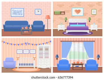 Rooms Interiors. Vector Furniture. Living Room, Bedroom, Hotel, Baby Room In Flat Design. Cartoon House Equipment Couch, Bed, Crib, Armchair, Table, Wardrobe, Lamps. Set Of Animated Illustrations.