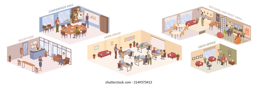 Rooms and zones of CEO office, interior plan 3D area. Vector working and leisure space for employees. Conference hall and reception with waiting space for clients. Kitchen and lounge for rest