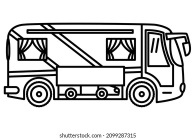 A roomy bus with a passenger car inside. Motorhome, a vehicle for recreation, travel. Vector icon, outline, isolated. Editable stroke