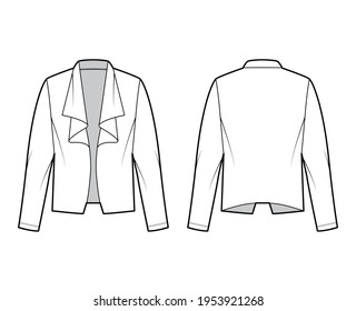 Roomy jacket technical fashion illustration with oversized, long sleeves, wrap collar opening. Flat coat template front, back, white color style. Women, men, unisex top CAD mockup