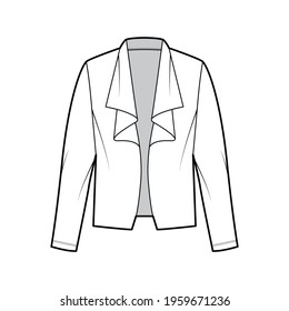 Roomy jacket technical fashion illustration with oversized, long sleeves, wrap collar opening. Flat coat template front, white color style. Women, men, unisex top CAD mockup