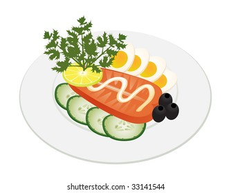 Roosted fish with vegetables and egg