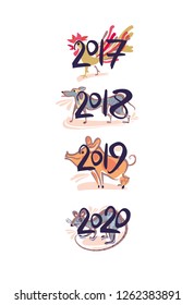 Rooster 2017. Dog 2018. Pig 2019. Rat 2020. Symbols of the years on the Chinese calendar. Vector template handwritten figures. 