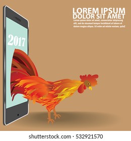 Rooster activists marched from smart phones reflect. The visit of the year In the form of vector