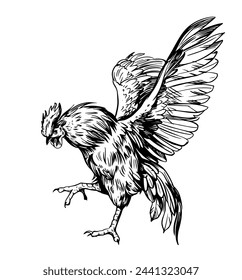 Rooster, angry bird, sketch illustration, hand drawn, black outline, engraving style