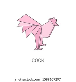 Rooster animal origami figure in geometric flat outline style, vector illustration isolated on white background. Polygonal design of cock bird, icon in style of japanese art of folding paper