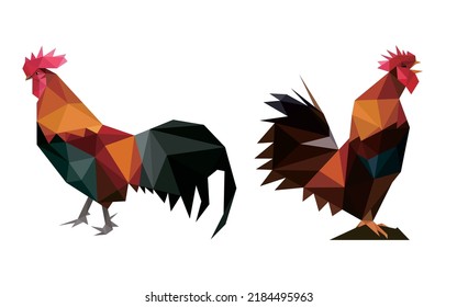 Rooster Animal Set in low poly polygonal. Rooster Icon in abstract set. Vector of rooster collection
