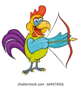 Rooster. Archery. Cartoon style.  Isolated image on white background. Clip art for children. 