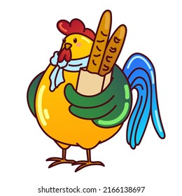 Rooster with baguette and scarf. Colorful sticker. Cute bird. Vector illustration isolated on white background.