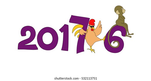 The rooster banishes a monkey. The offended monkey and an impudent rooster. 2017 text. New year of a rooster. Chinese horoscope. Lettering. EPS8 vector