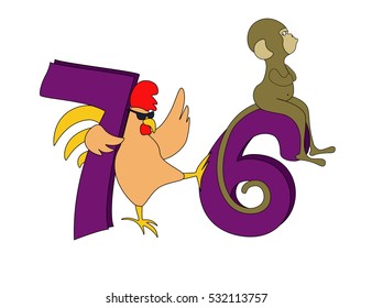 The rooster banishes a monkey. The offended monkey and an impudent rooster. Six and seven. Lettering. EPS8 vector