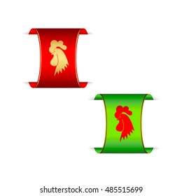 Rooster banner in Christmas colors. Rooster head vector illustration. Chicken head symbol. Chicken head badge isolated on white background.