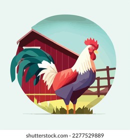 Rooster in a barnyard. Domestic or farm yard animals. Flat vector illustration concept