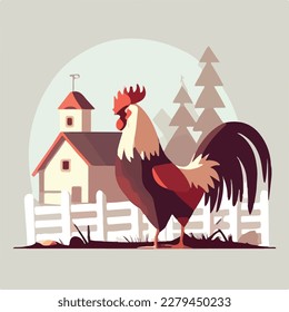 Rooster in a barnyard. Domestic or farm yard animals. Flat vector illustration concept