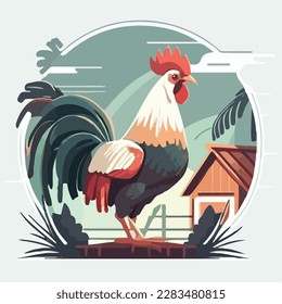 Rooster in a barnyard. Domestic or farm yard animals. Flat vector illustration concept