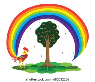 Rooster with a beautiful tail in the form of a rainbow