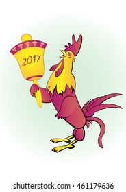 Rooster with a bell. Making New Year's cards and invitations. Vector illustration.