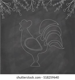 Rooster, berries and branches for Christmas and New Year on chalk board - vector graphics