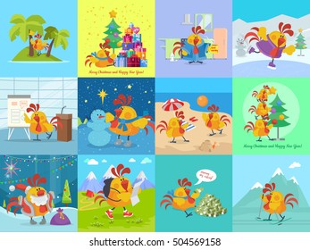 Rooster bird adventures set. Collection of greeting cards with cock. Chinese calendar zodiac horoscope. Chicken character collection in flat. New year xmas greeting card. Vector illustration