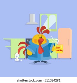 Rooster bird in bathrobe. Cock drinks coffee in kitchen. Good morning. Chinese calendar zodiac cock horoscope. Chicken character collection in flat. New year xmas greeting card. Vector illustration