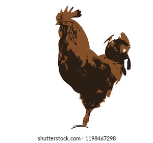 Rooster bird brown silhouette isolated on white background. Simple farm animal cockerel profile, vintage style. Graphic design for farmers market, shop character icon, vector illustration, eps 10