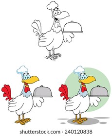 Rooster Bird Chef Serving A Platter. Vector Collection Set