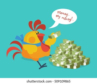 Rooster bird counts money. Money, my money. Cock successful businessman. Chinese calendar zodiac cock horoscope. Chicken character collection in flat. New year xmas greeting card. Vector illustration