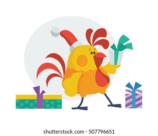 Rooster bird opens presents. Cock in Santa's hat with gift boxes. Chinese calendar zodiac cock horoscope. Earthly Branch. Chicken character collection in flat. New year and xmas greeting card. Vector