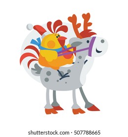 Rooster bird ride on little horse. Cock in Santa's hat on deer isolated. Chinese calendar zodiac cock horoscope. Chicken character collection in flat. New year xmas greeting card. Vector illustration