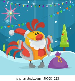 Rooster bird in Santa's cloth with bag full of presents. Cock at snow with fir trees. Chinese calendar zodiac horoscope. Chicken character collection in flat. New year xmas greeting card. Vector