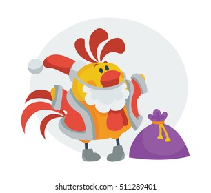 Rooster bird in Santa's cloth with bag full of presents. Cock in Santa's hat isolated. Chinese calendar zodiac cock horoscope. Chicken character collection in flat. New year xmas greeting card. Vector