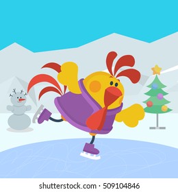 Rooster bird skate on skating ring. Cock go in for sport. Winter recreational activity. Chinese calendar zodiac horoscope. Chicken character collection in flat. New year xmas greeting card. Vector