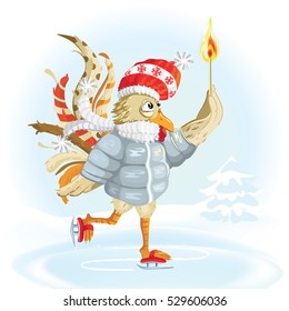 Rooster bird skate on skating ring. Cute cartoon rooster character illustration. Vector Graphics.