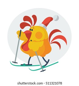 Rooster bird skate on ski. Cock in Santa's hat go in for sport. Chinese calendar zodiac cock horoscope. Chicken character collection in flat. New year xmas greeting card. Vector illustration