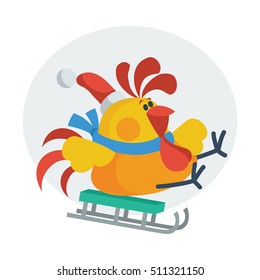 Rooster bird skate on sledge. Cock in Santa's hat go in for sport. Chinese calendar zodiac cock horoscope. Chicken character collection in flat. New year xmas greeting card. Vector illustration