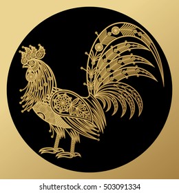 Rooster. Bird symbol of the new year on the Chinese calendar. Oriental zodiac sign. Black and gold foil. Vector illustration of an unusual luxury design. Concept New Year gifts.