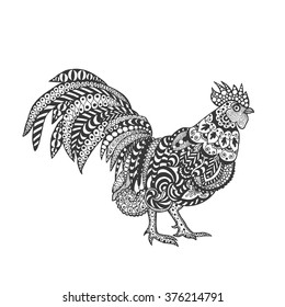 Rooster. Birds. Black white hand drawn doodle. Ethnic patterned vector illustration. African, indian, totem, tribal, design. Sketch for adult antistress coloring page, tattoo, poster, print, t-shirt