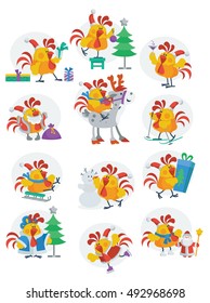 Rooster birds set cock isolated. Chinese calendar zodiac cock horoscope. Earthly Branch cock character. Cocks or Chickens collection in flat. New year and xmas cock greeting cards. Vector illustration