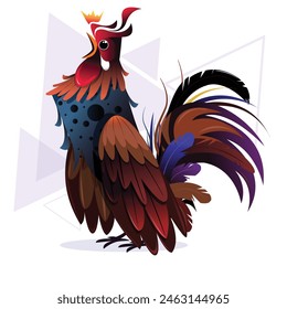 Vector de pájaros gallo con un sombrero rojo y una pluma de colores en la parte posterior