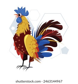 Vector de pájaros gallo con un sombrero rojo y una pluma de colores en la parte posterior