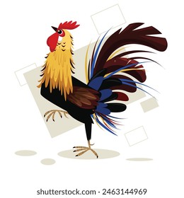 Vector de pájaros gallo con un sombrero rojo y una pluma de colores en la parte posterior