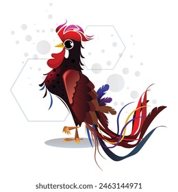 Vector de pájaros gallo con un sombrero rojo y una pluma de colores en la parte posterior