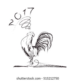 Rooster black  line art sketch of cock. Vector illustration of rooster symbol of 2017 on the Chinese calendar.