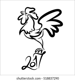 Rooster black line art sketch of cock. Vector illustration of rooster, symbol 2017 Chinese calendar.