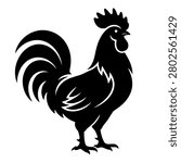 Rooster black silhouette icon isolated on white background. Minimal bold vector-style illustration with comb, wattle, beak, tail feathers, wing, legs, and claws for logo, sticker, decal, label, farm design, poultry branding, and cutting file.