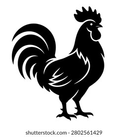 Rooster black silhouette icon isolated on white background. Minimal bold vector-style illustration with comb, wattle, beak, tail feathers, wing, legs, and claws for logo, sticker, decal, label, farm design, poultry branding, and cutting file.