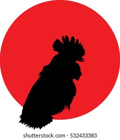 Rooster black silhouette portrait on red background logotype, vector, eps 10